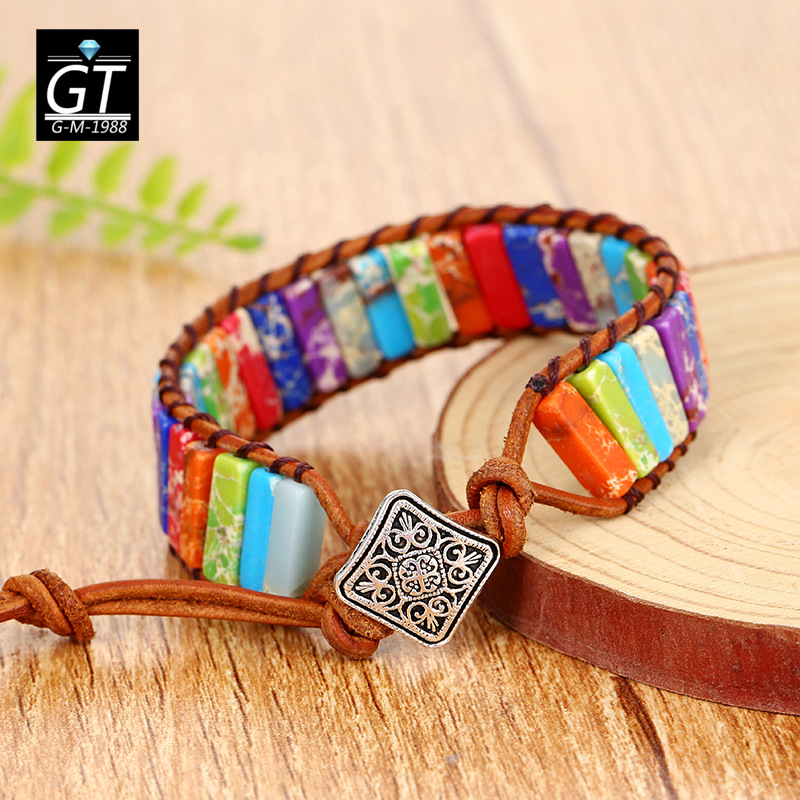 Amazon transfronteriza pulsera caliente pulsera de piedra del emperador tejido a mano cuero europeo y americano bohemio pulsera creativa