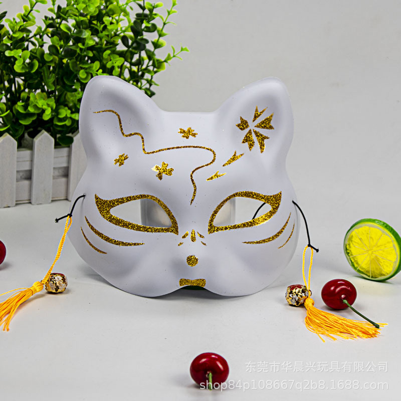 Pintado a mano blanco flor de cerezo gato negro zorro Halloween estilo japonés máscara oro rosa vestido de fiesta máscara