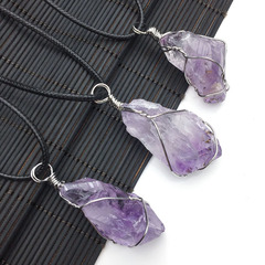 跨境熱賣 天然紫水晶原石吊墜 天然原石繞絲吊墜單晶體不規則項鍊