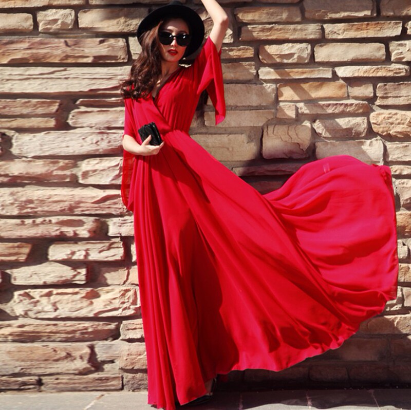 Chiffon Dress Women's 2023 New Summer Elegant Korean Style Elegant Slimming Super Long Red Beach Dress