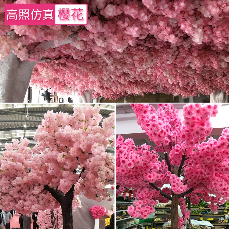 Artificial cherry blossom branches, 3–4 branches, multi‑layer realistic blossoms, wedding and event decor