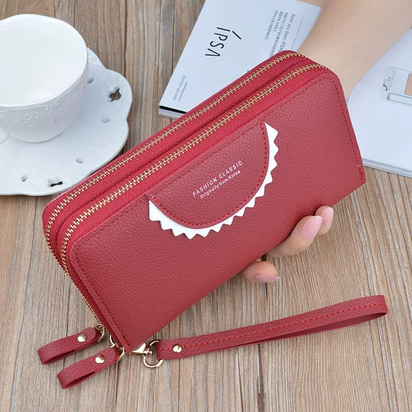 New Double Zipper Wallet Women's Long Clutch Wallet Mother's Double-Layer Large Capacity Lychee Pattern Change Mobile Phone Bag