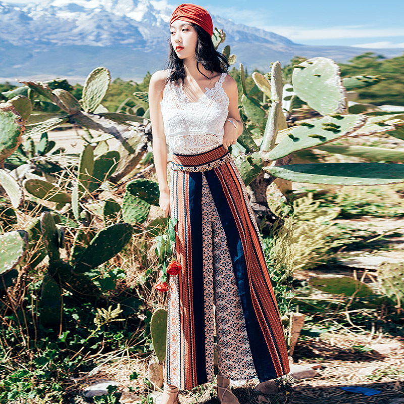 Thai Pants Women's Chiffon Beach Pants Culottes Ethnic Style Trousers Bohemian Wide Leg Pants Seaside Vacation Suit for Summer