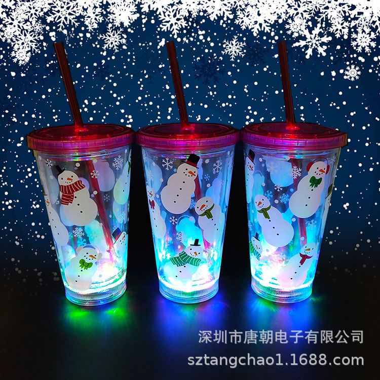 led双层吸管杯 圣诞节发光雪人吸管杯 热转印logo 图片仅供参考