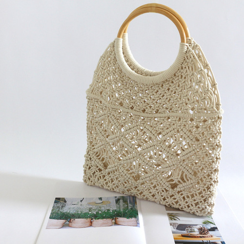 Dropshipping new style round rattan handle cotton rope hollow woven bag cotton rope net bag vacation straw woven bag beach