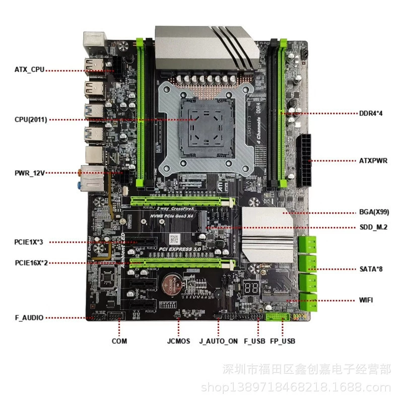 Motherboard x99/x79 (LGA2011) — for E5 V3/V4, DDR4, M.2, USB3.0, 22×28 cm