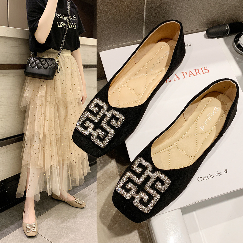 2023 Autumn New Style Single Shoes Women's Fashion Korean Style Square Head Rhinestone Square Buckle Women's Shoes Ladies Flat All Match Lazy Shoes Batch
