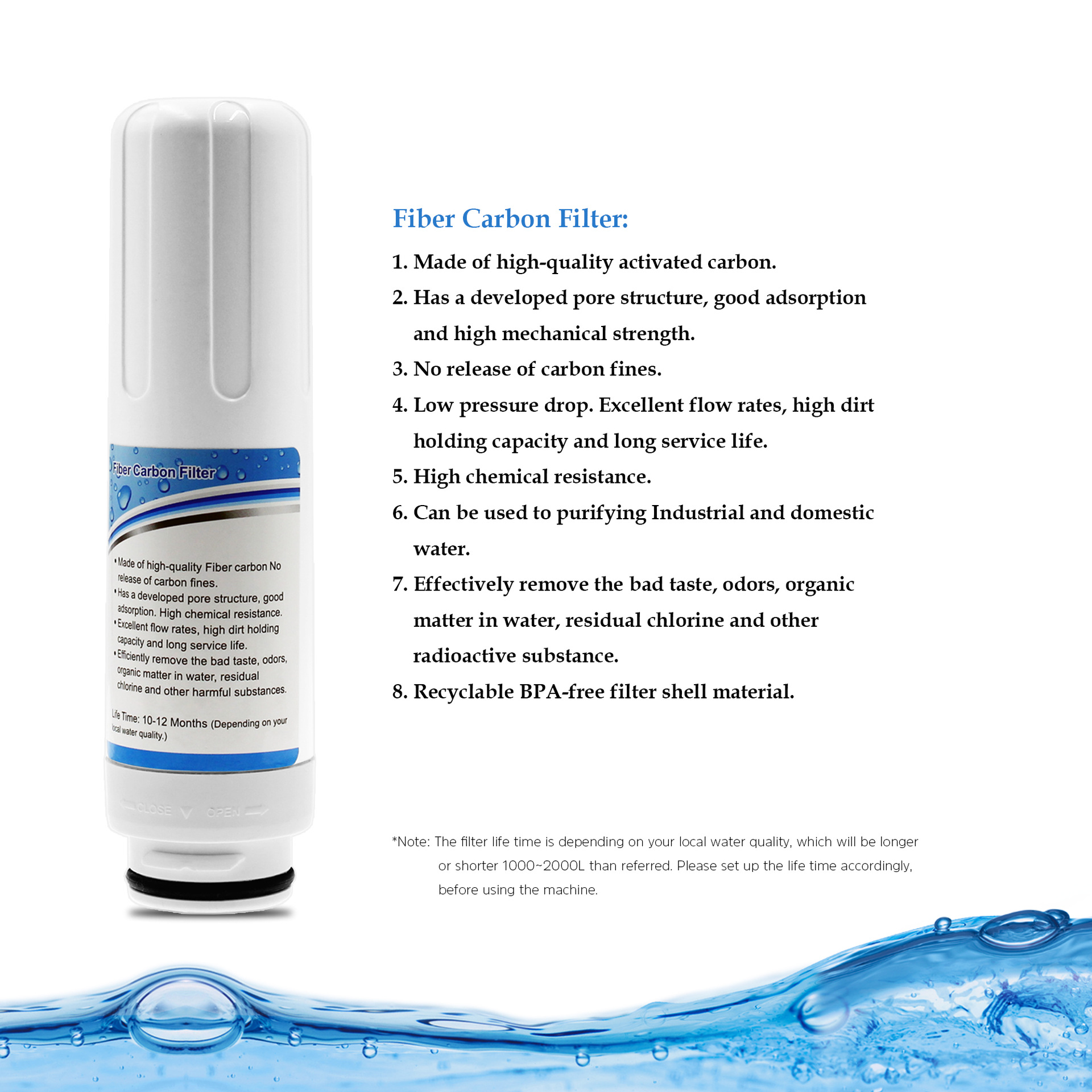 Máquina de agua electrolítica alcalina máquina de agua rica en hidrógeno elemento de filtro fino de fibra de carbono activado EHM-729 elemento de filtro incorporado