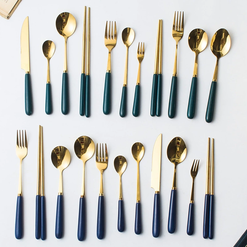 Ceramic handle, fork, green tableware stainless steel, (Cross-border trading)