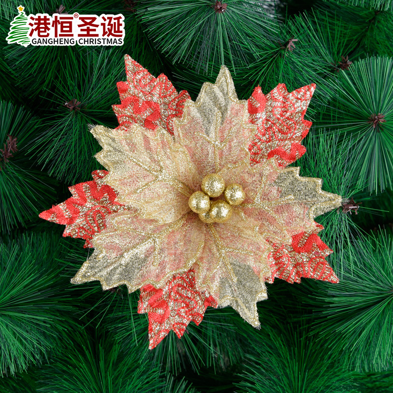 Flores de Navidad Simuladas en Gasa Dorada, Arreglo Floral para Árbol de Navidad, Decoración de Ramas, Suministros de Navidad, Adornos Colgantes, Accesorios al por Mayor