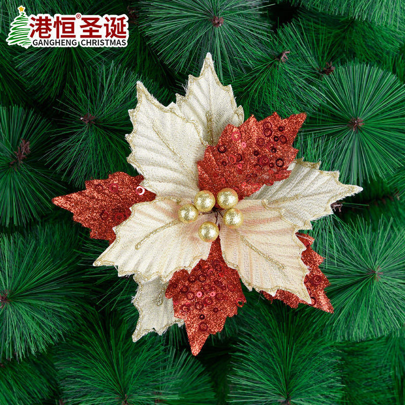 Flores de Navidad Simuladas en Gasa Dorada, Arreglo Floral para Árbol de Navidad, Decoración de Ramas, Suministros de Navidad, Adornos Colgantes, Accesorios al por Mayor