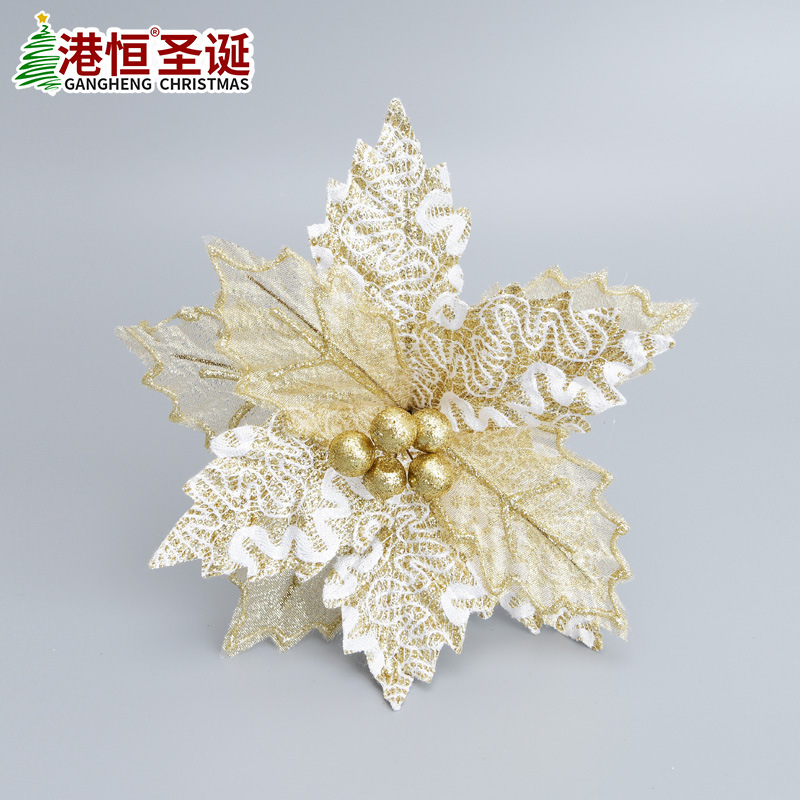 Flores de Navidad Simuladas en Gasa Dorada, Arreglo Floral para Árbol de Navidad, Decoración de Ramas, Suministros de Navidad, Adornos Colgantes, Accesorios al por Mayor