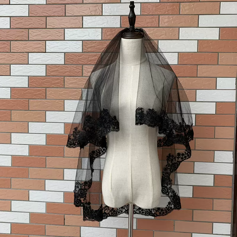 万圣节鬼新娘头纱女巫婚纱写真造型黑色头纱短款蕾丝面纱带梳发饰