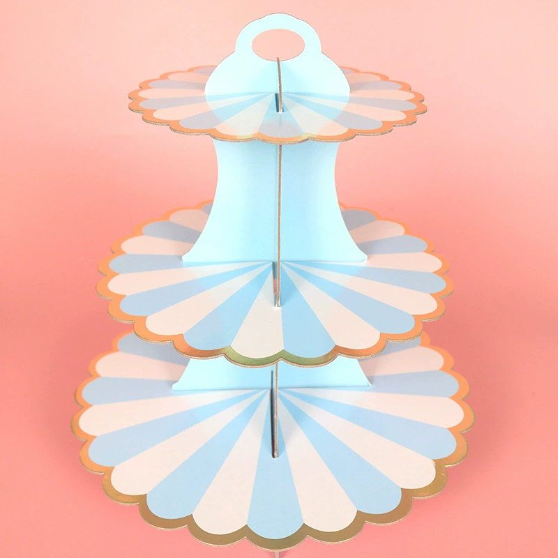 Disposable Three-Tier Paper Cake Stand, Gray Cardboard with Gold Edge, 35×30 cm