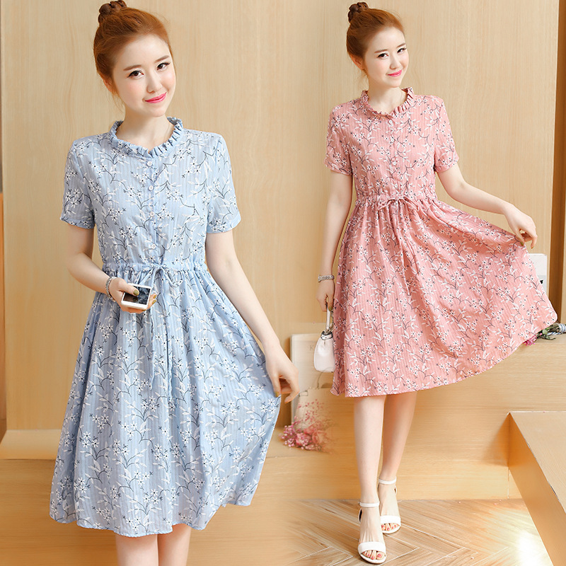 Maternity Wear Summer Cotton and Linen Korean Style Literary Female Student Fashion A-Line Skirt Floral Maternity Dress