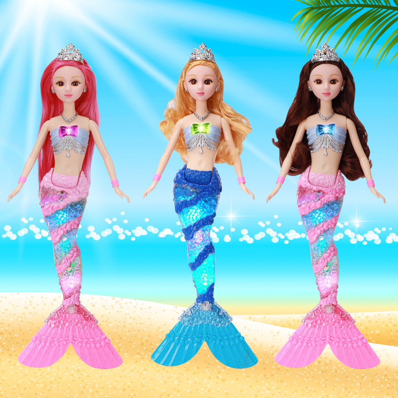 Fábrica al por mayor nuevos niños sirena juguete música ligera sirena princesa Barbie muñeca traje caja de regalo