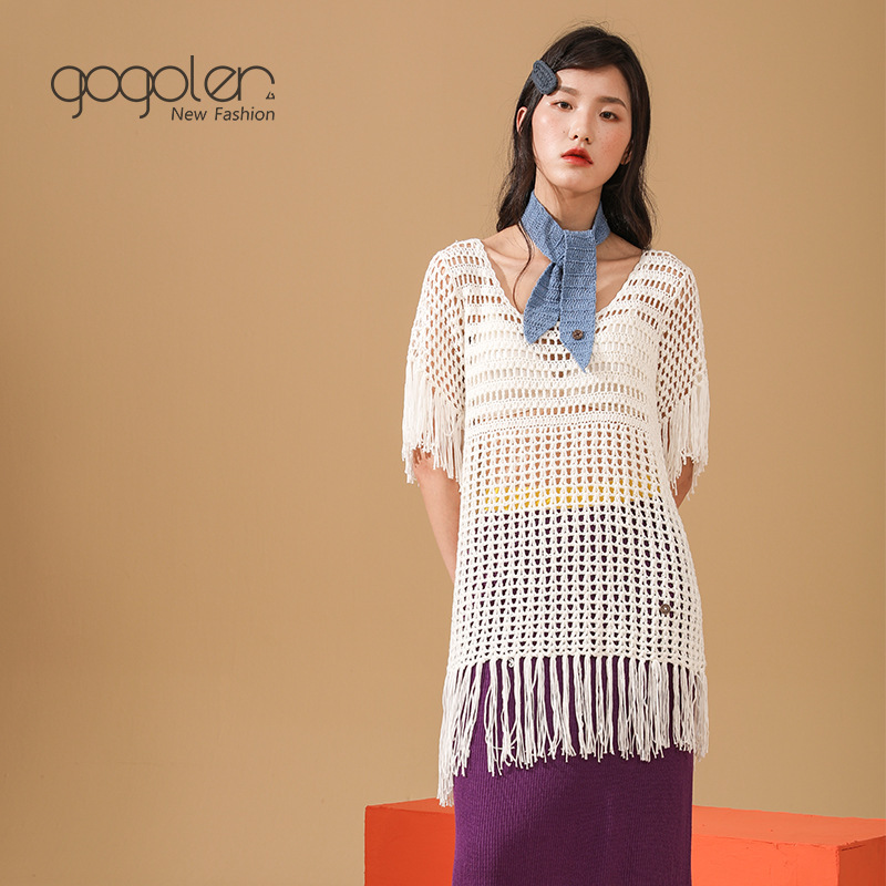 New Solid Color Hollow Tassel Bikini Beach Long Shirt European and American Style Hand Hook Round Neck Solid Color Hollow Tassel Blouse