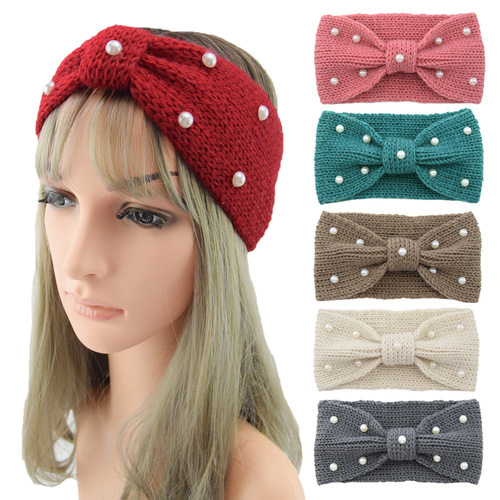 Elegant Knitted Wool Headband with Pearl Flat Bow Hair Accessories, Handmade Face Cover, Ear Protection Hat