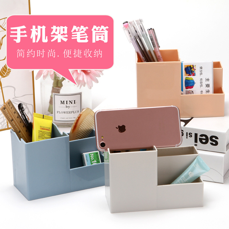 Multifuncional titular de la pluma de plástico lindo estudiante de oficina simple cubo de almacenamiento de escritorio creativo titular de la pluma del teléfono móvil al por mayor