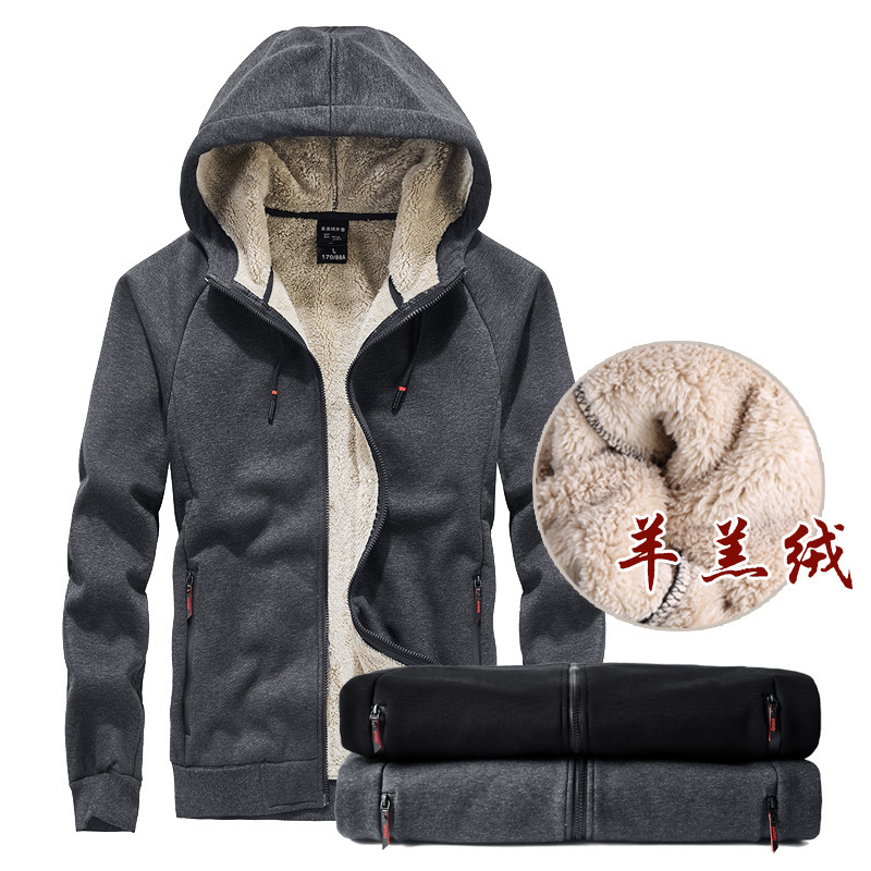 Fleece-lined thickened sweater men's lambswool autumn and winter sports casual hooded cardigan top loose plus size warm coat Fleece-lined thickened sweater men's lambswool autumn and winter sports casual hooded cardigan top loose plus size warm coat