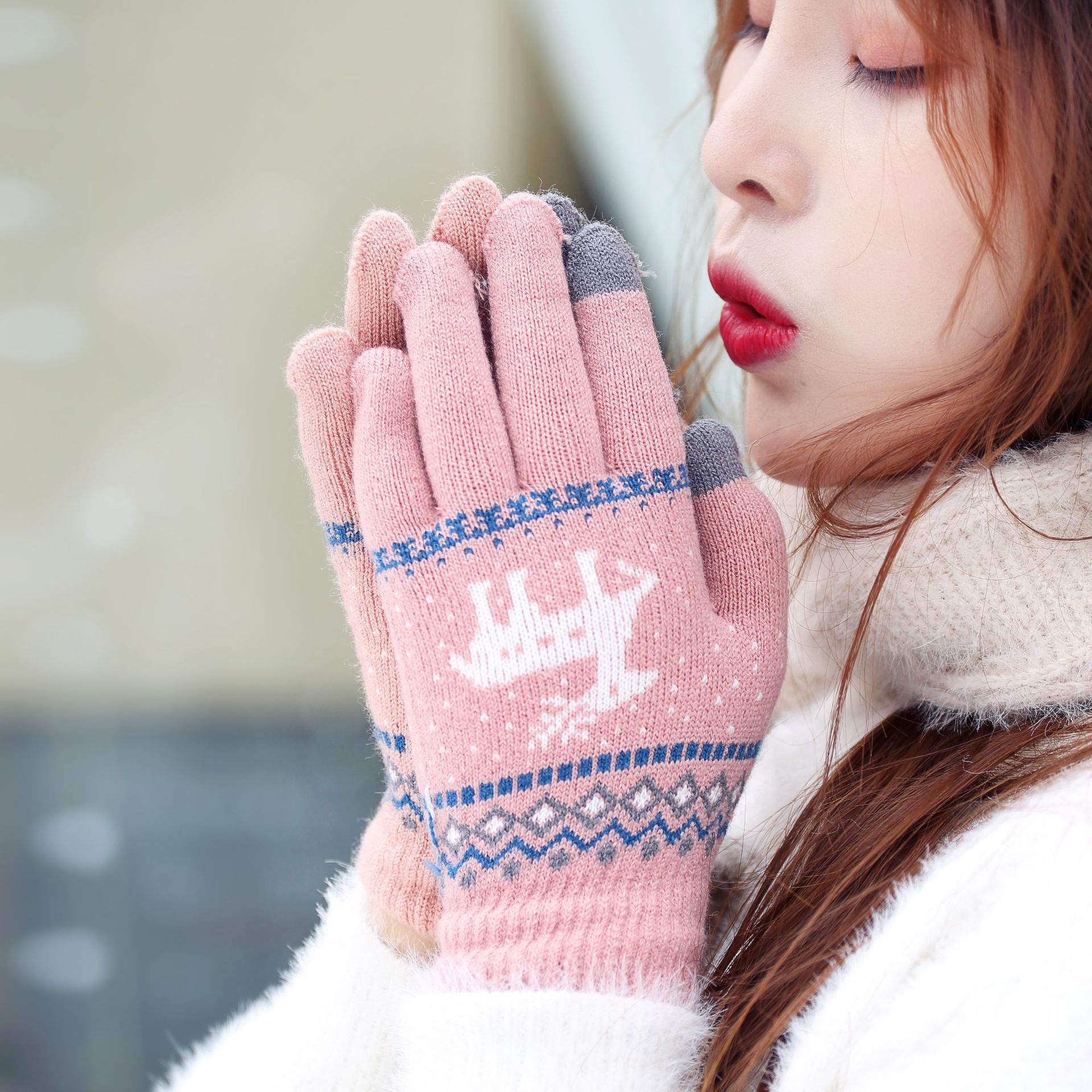 Shun Zun guantes Jacquard de pantalla táctil de punto jacquard ciervo pantalla táctil térmica de doble capa guantes de acrílico se pueden hacer en los patrones