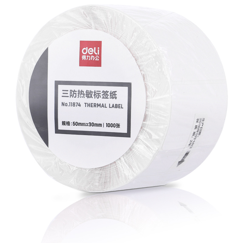 Deli 11874 papel de etiqueta térmica de tres pruebas (50*30 blanco 1000 hojas por rollo) Papel de código de barras de impresión de Escala electrónica