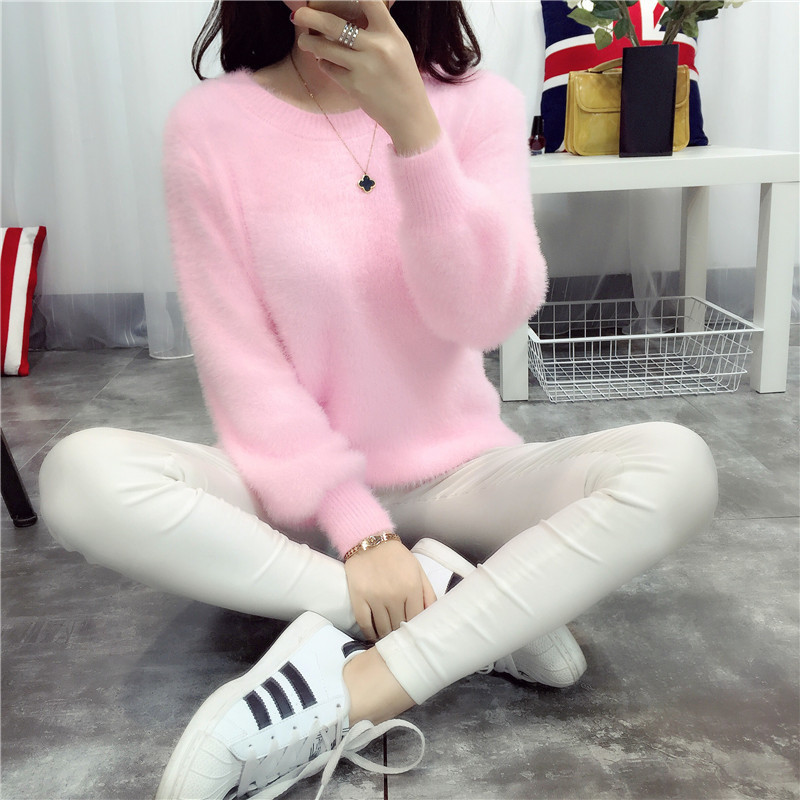 2025 Spring, Autumn and Winter New Korean Style Imitation Mink Mohair Sweater Student Solid Color Slim Loose Women's Sweater