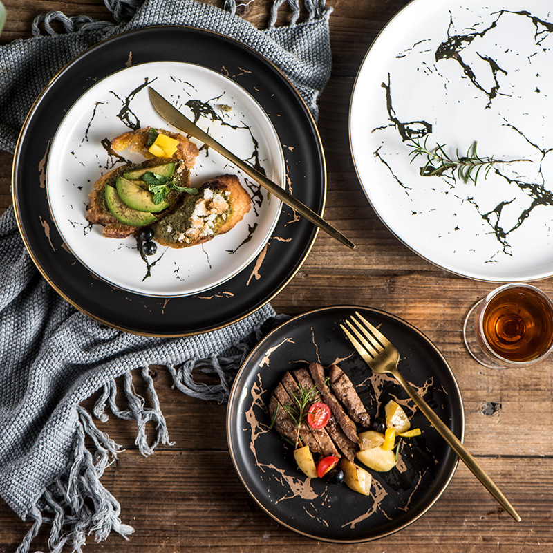 Nordic 10 Inch Matte Ceramic Dinner Plate Restaurant Vintage Marble Gold Pattern Disc Western Food Plate Steak Plate Wholesale