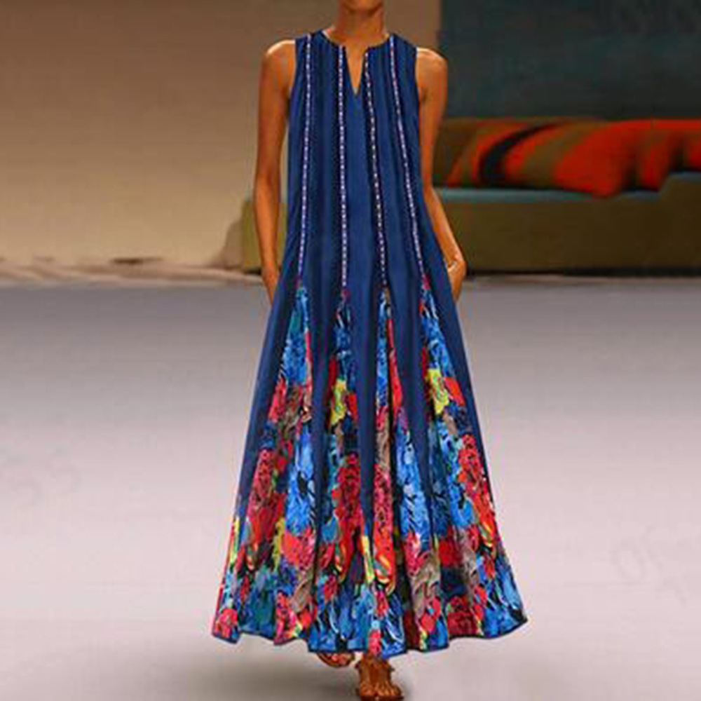 Vintage Floral Print Maxi Dress for Women V Neck Sleeveless Pocket Design Summer Casual Wear Wholesale Available
