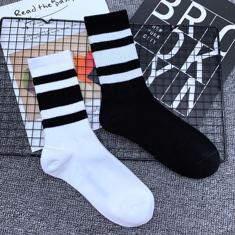 Trendy Ins-Style Hip-Hop Street Fashion Three-Stripe Mid-Tube Sports Striped Harajuku Skateboard Unisex Cotton Socks Wholesale Sweat-Absorbing