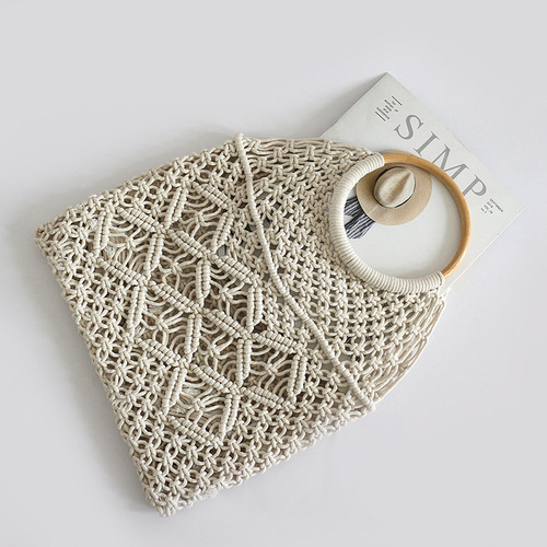Dropshipping new style round rattan handle cotton rope hollow woven bag cotton rope net bag vacation straw woven bag beach