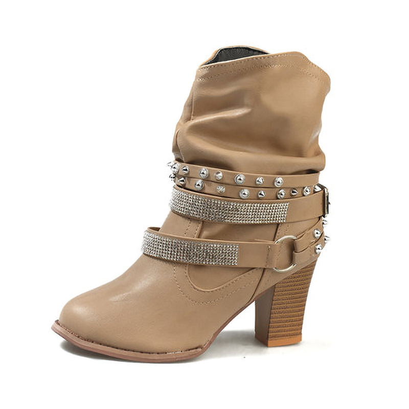 2019秋冬外贸款欧美时尚女靴鞋子粗跟高跟圆头短靴铆钉水钻女靴子