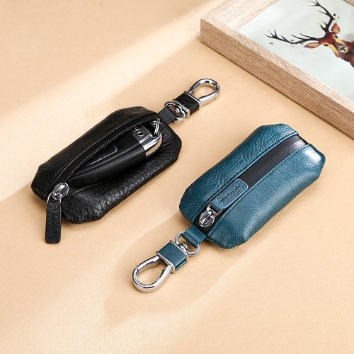 Natural Fracture Top Grain Leather Car Key Case Genuine Remote Control Protector Waterproof Zipper Fashion Key Case 