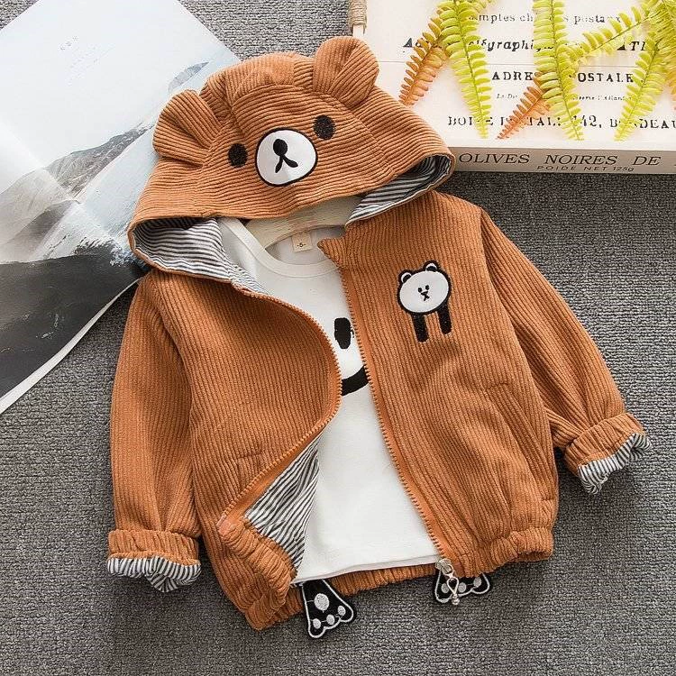 Новинка 2024 года, осенняя одежда, вельветовая детская куртка, детская куртка с капюшоном и подкладкой нейтрального цвета с вышивкой медведя