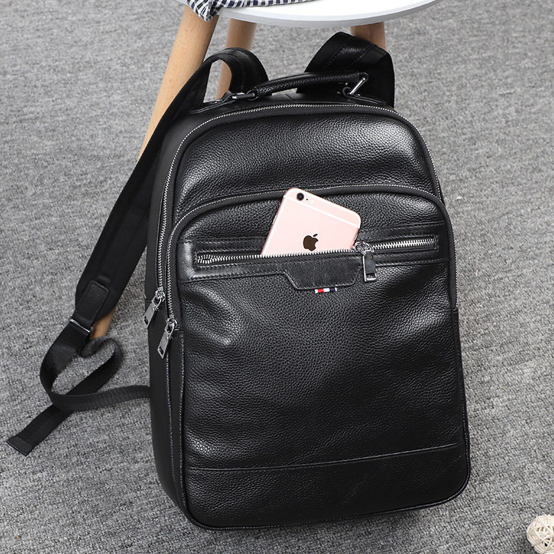 Ba lô nam da bò lớp đầu tiên, ba lô da đựng laptop 14 inch kiểu công sở — Màu đen