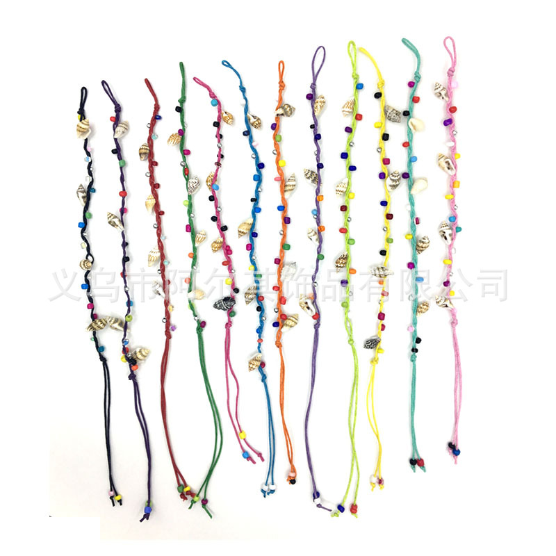 In stock wholesale first-hand supply handmade small conch sea shell color wax rope woven children's bracelet