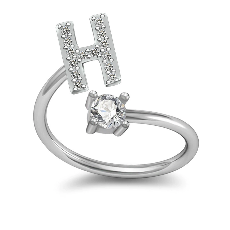 Adjustable Silver-Plated Copper Ring with Letter Initial and Clear Gemstone, Birthday Gift
