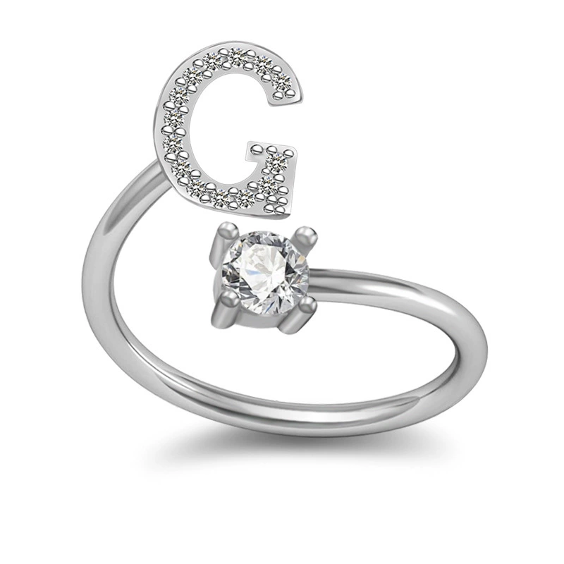 Adjustable Silver-Plated Copper Ring with Letter Initial and Clear Gemstone, Birthday Gift