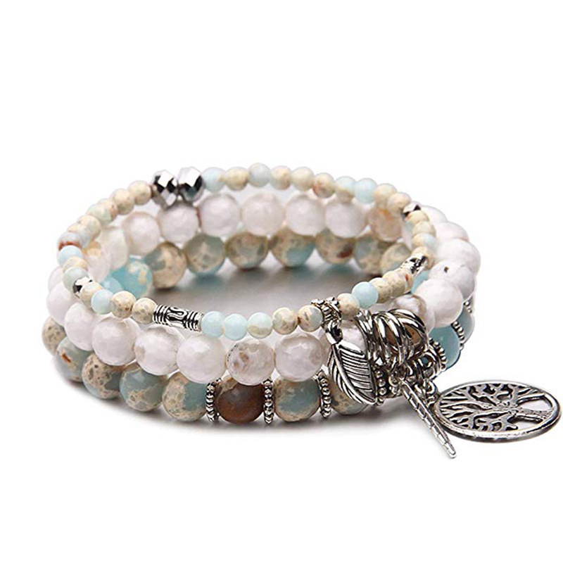 Three Layer Protected Shoushan Stone Bracelet suit Bohemian Leaf Tree of Life Pendant Indian Onyx Lady Bracelet