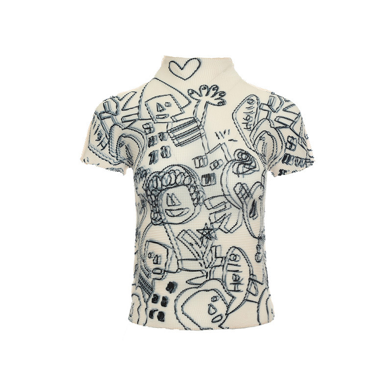 Sanzhai design printed T-shirt women's spring and summer New Fashion Women's pleated slim slimming turtleneck short sleeve top