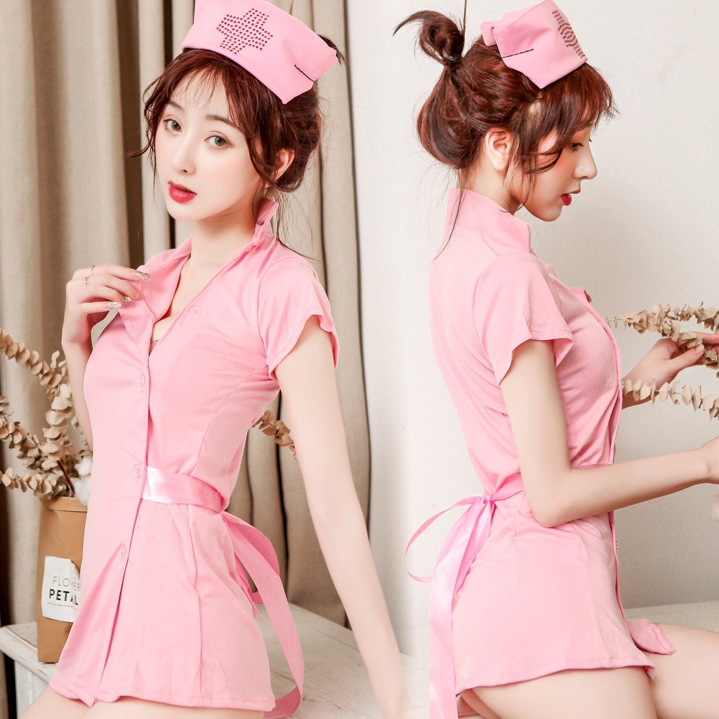 Sexy Underwear Sexy Oblique Side Button Lace-up Nurse Uniform Tempting Rhinestone Elastic Short-sleeved Role-playing suit