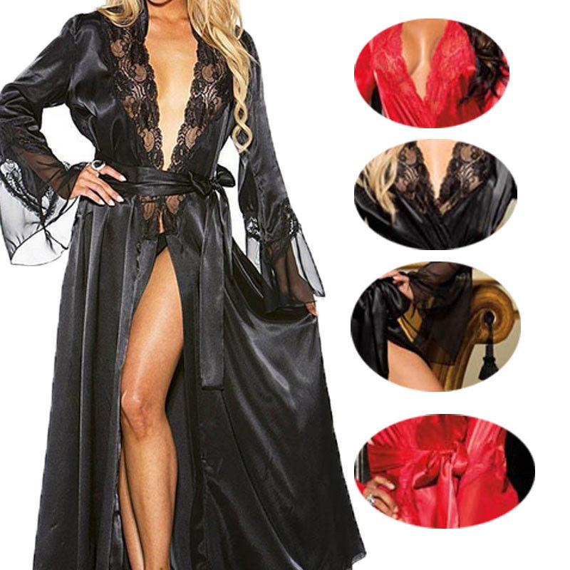 Cross-Border Foreign Trade Sexy Women's Sexy Lingerie European and American Lace Large Size See-Through Extended Bathrobe See-Through Nightgown