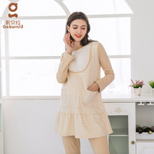 孕妇哺乳连体裙裤子套装月子服孕妇装家居服彩棉喂奶打底裙四季款