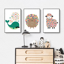 跨境代发儿童房装饰画 北欧卡通马赛克小动物鲸鱼刺猬小羊挂画