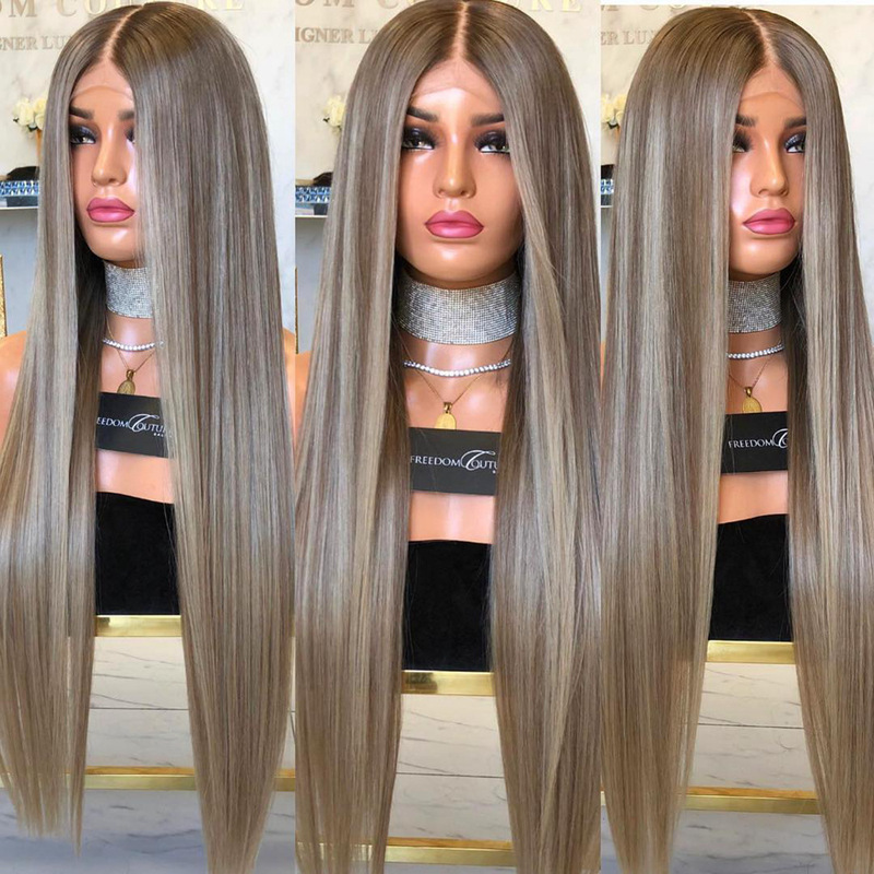 European and American wig high temperature silk chemical fiber hair brown gray pick color medium straight hair long hair wig wholesale European and American wig high temperature silk chemical fiber hair brown gray pick color medium straight hair long hair wig wholesale