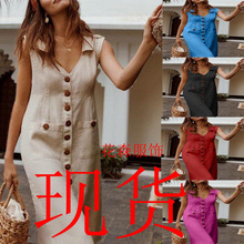 2023现货欧美V领单排扣钉扣连衣裙 口袋设计 大码多色