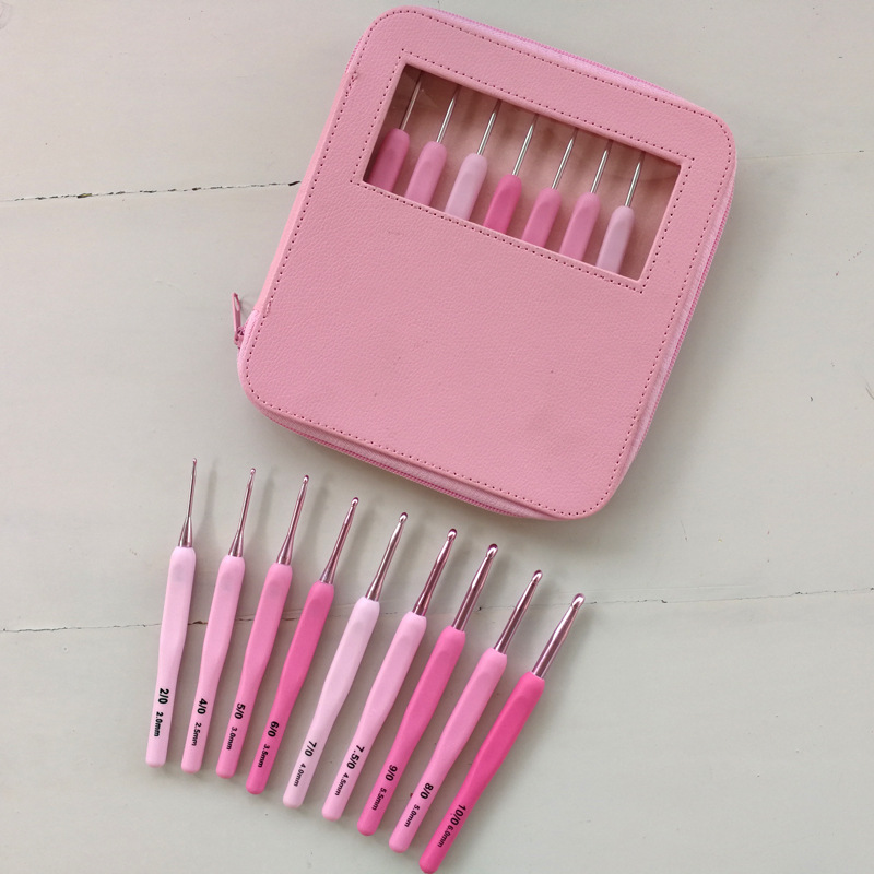 Kit de ganchillo DIY, herramientas de tejer, agujas para suéter, color degradado, mango de plástico suave, juego de ganchos de aluminio, 9 piezas, embalaje de PU, ganchos de ganchillo.