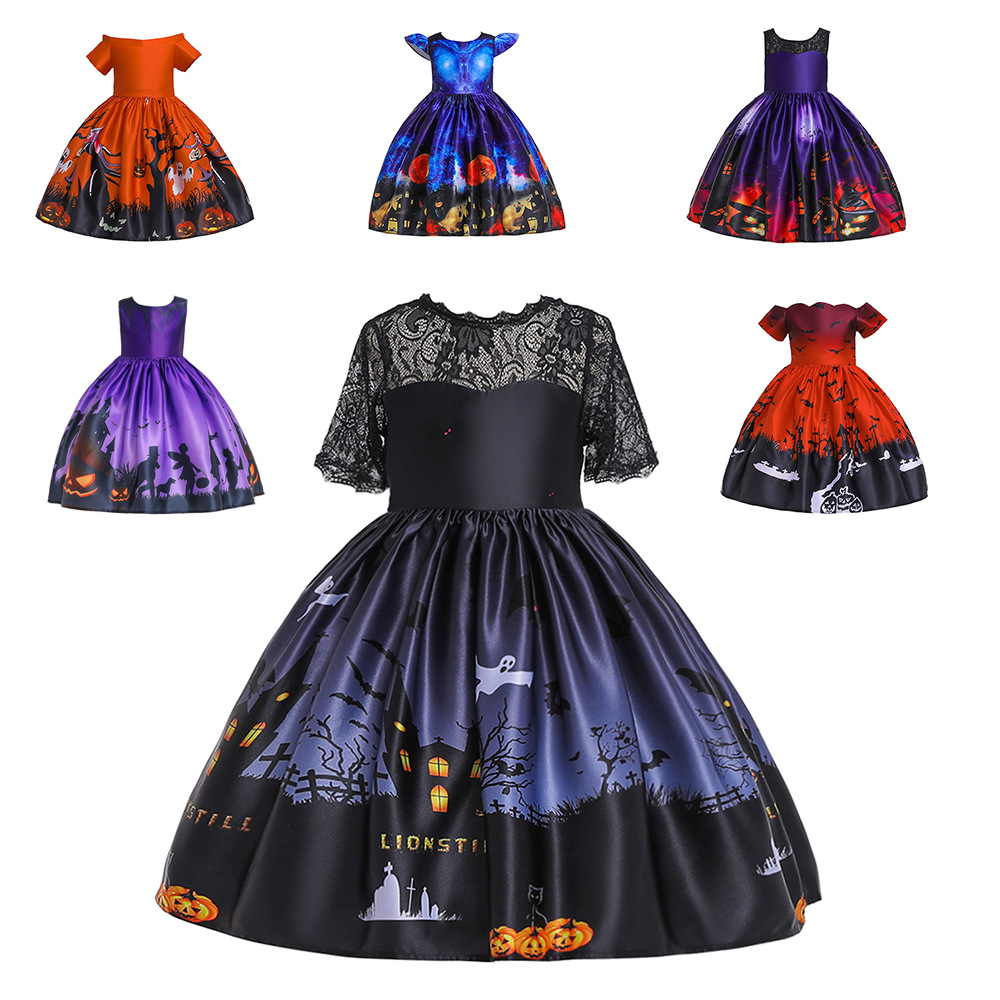 European and American Foreign Trade Children's princess dress Halloween printed cos cartoon dress lace costume Halloween