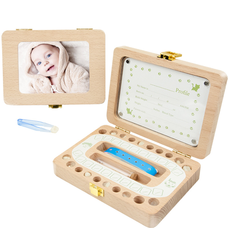 Procesamiento personalizado transfronterizo de madera para niños y niñas caja de dientes de leche inglés japonés bebé cabello fetal caja de almacenamiento de dientes