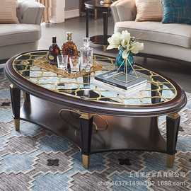 欧式美式轻奢实木镂空茶几现代简约椭圆玻璃双层储物茶几咖啡桌子